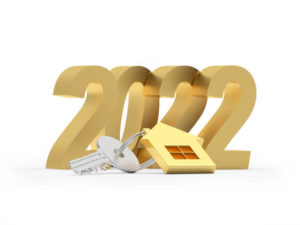 Key with house icon and golden number 2022.3D illustration